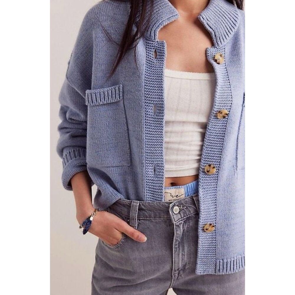 New Free People On The Isle Cardi We The Free Ribbed Button Pockets Sweater Sz L - Picture 2 of 8